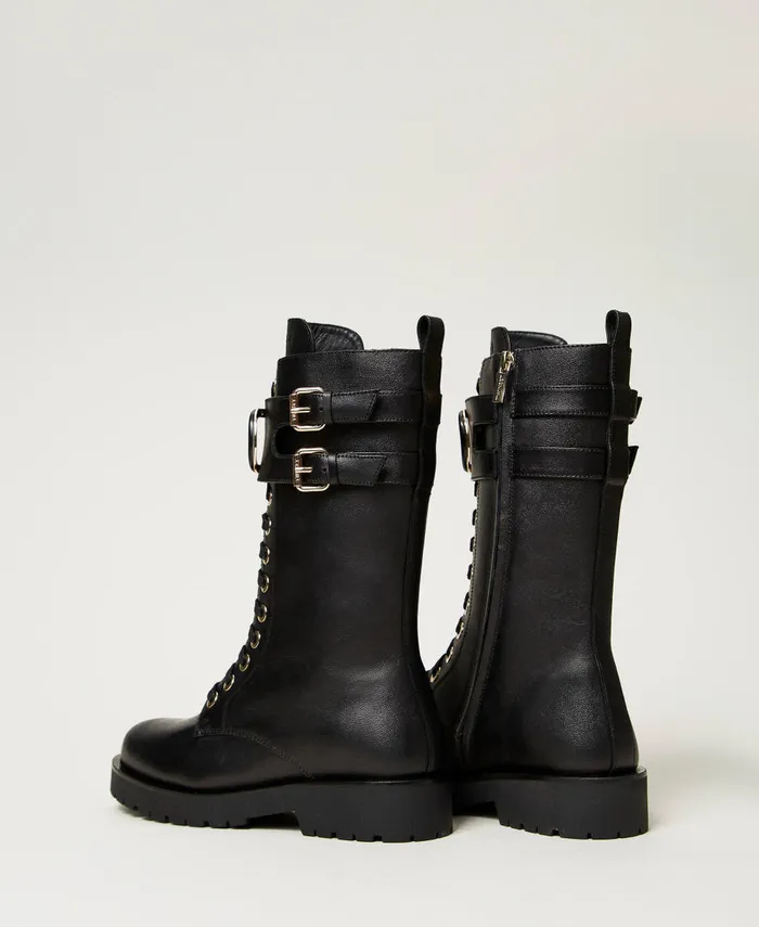 Twinset High Leather Combat Boots With Oval T Black Women Flat Shoes Twinset High Leather Combat Boots With Oval T Black Women Flat Shoes