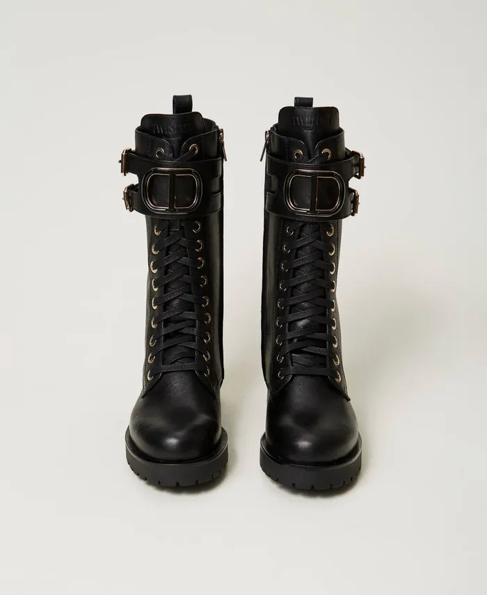 Twinset High Leather Combat Boots With Oval T Black Women Flat Shoes Twinset High Leather Combat Boots With Oval T Black Women Flat Shoes