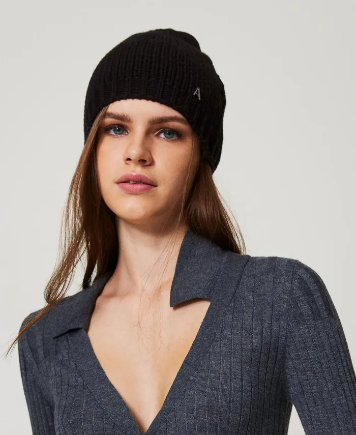 Twinset Jacquard Knit Beanie Black Women Hats Twinset Jacquard Knit Beanie Black Women Hats