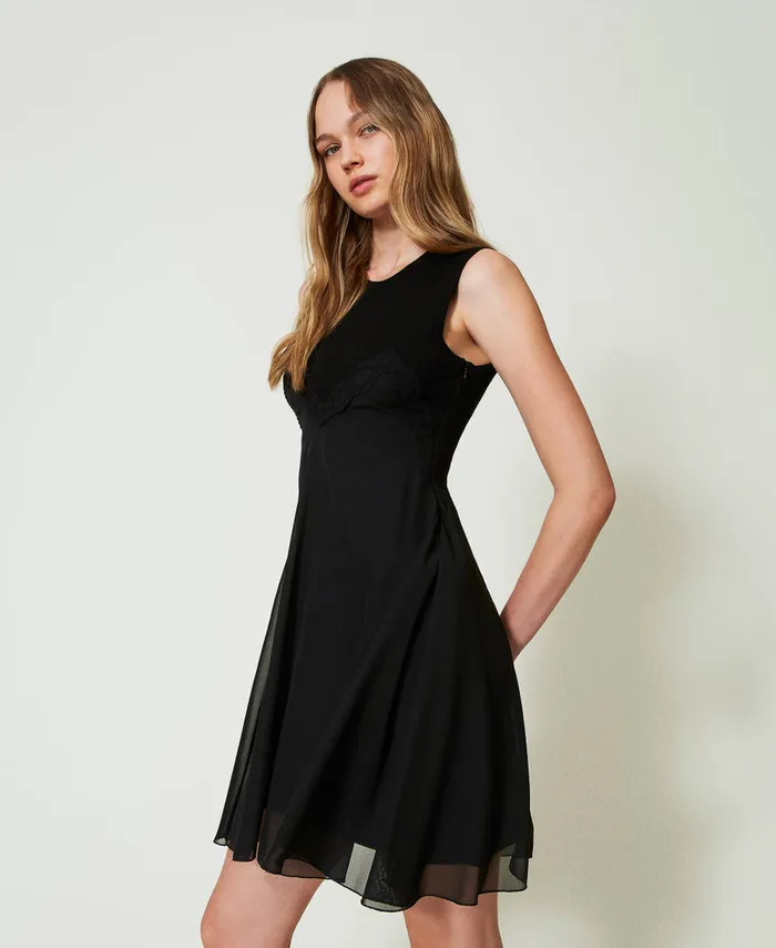 Twinset Knit And Georgette Short Dress Black Women Dresses