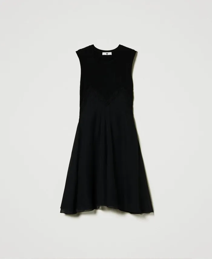 Twinset Knit And Georgette Short Dress Black Women Dresses Twinset Knit And Georgette Short Dress Black Women Dresses