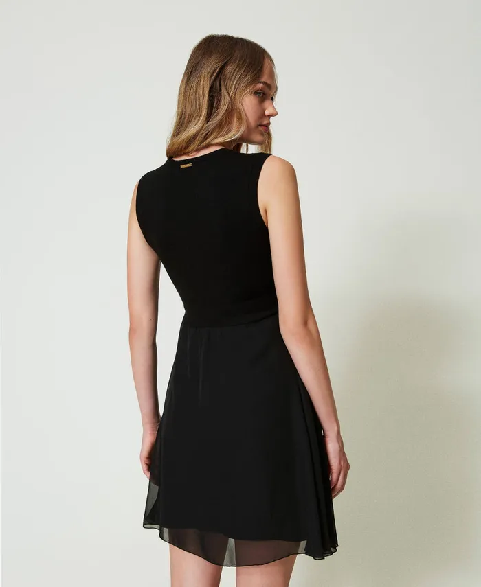 Twinset Knit And Georgette Short Dress Black Women Dresses Twinset Knit And Georgette Short Dress Black Women Dresses