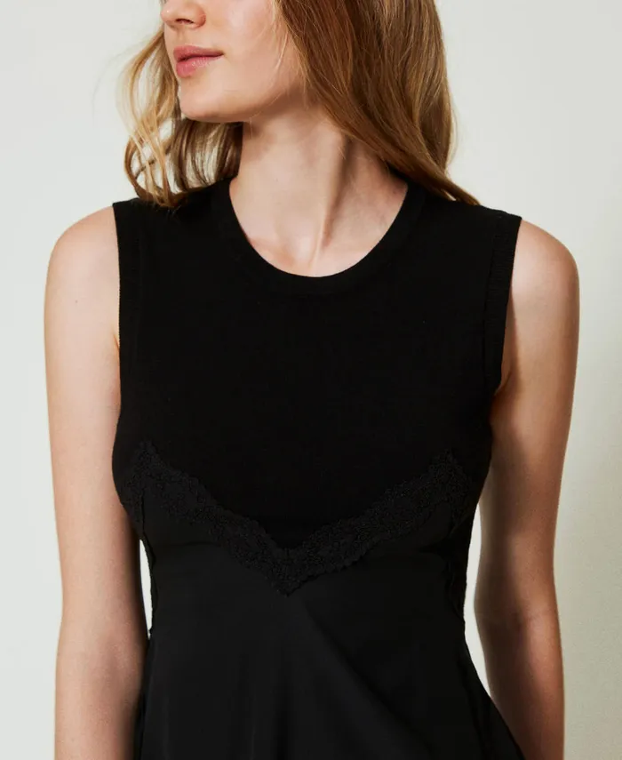 Twinset Knit And Georgette Short Dress Black Women Dresses Twinset Knit And Georgette Short Dress Black Women Dresses