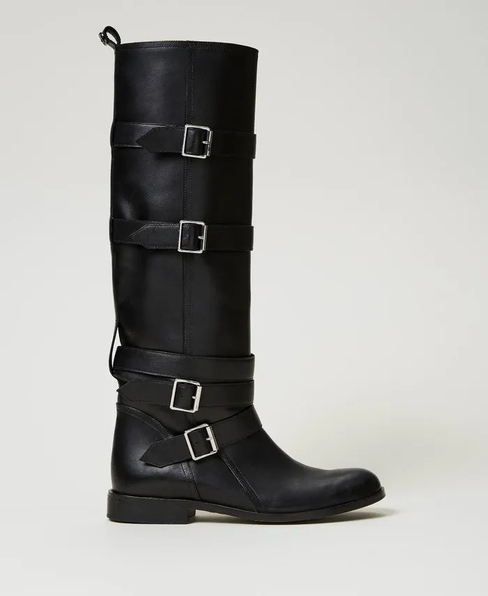 Twinset Leather Boots With Straps Black Women Boots And Ankle Boots