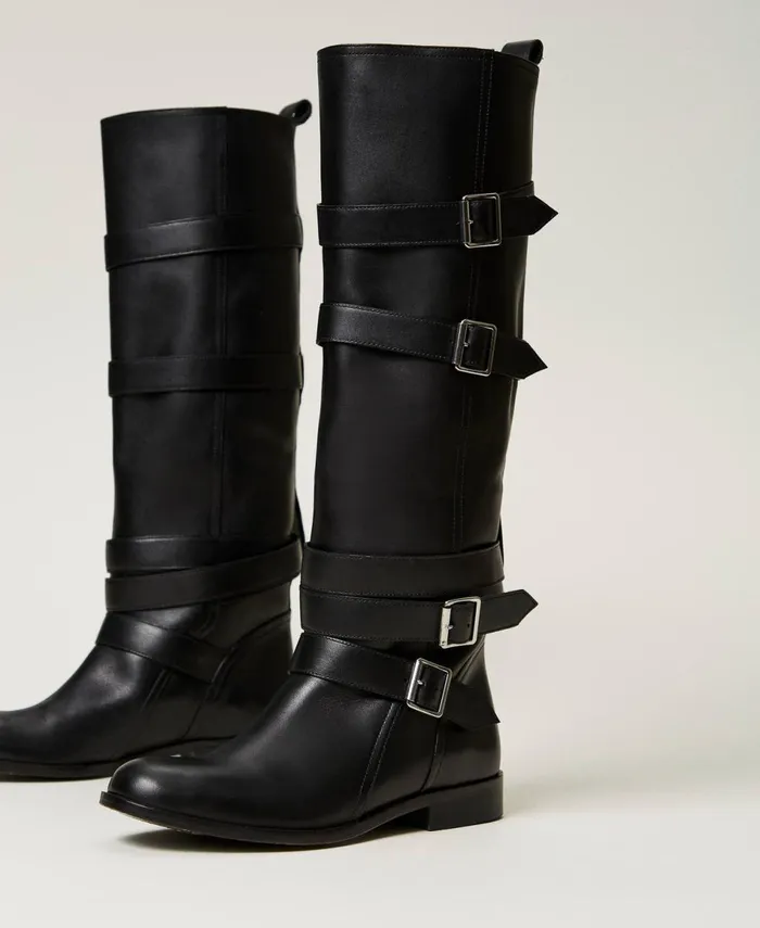 Twinset Leather Boots With Straps Black Women Boots And Ankle Boots Twinset Leather Boots With Straps Black Women Boots And Ankle Boots