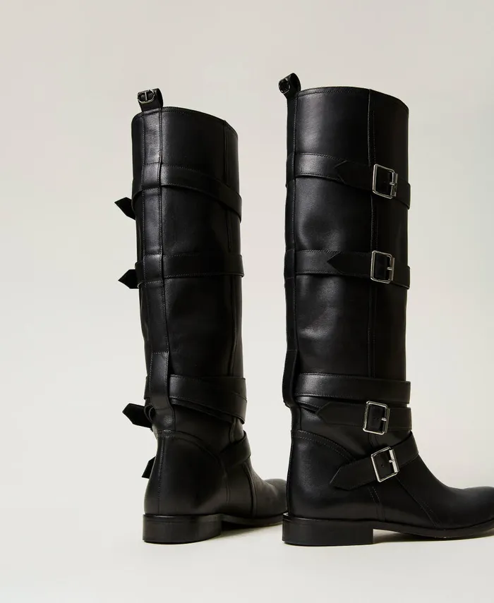 Twinset Leather Boots With Straps Black Women Boots And Ankle Boots Twinset Leather Boots With Straps Black Women Boots And Ankle Boots