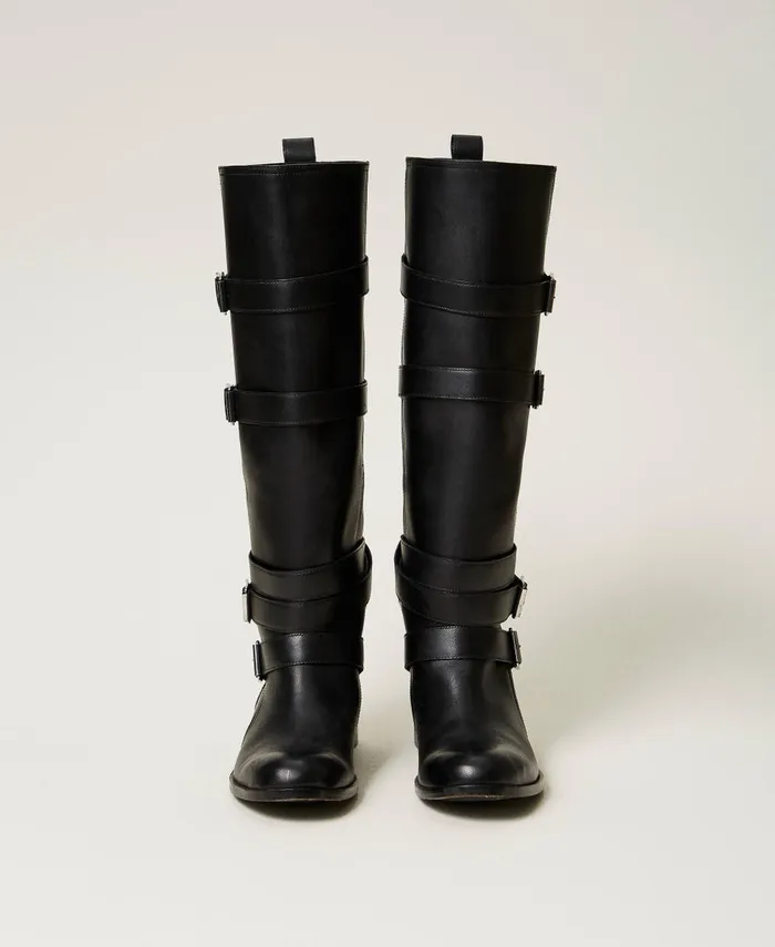 Twinset Leather Boots With Straps Black Women Boots And Ankle Boots Twinset Leather Boots With Straps Black Women Boots And Ankle Boots