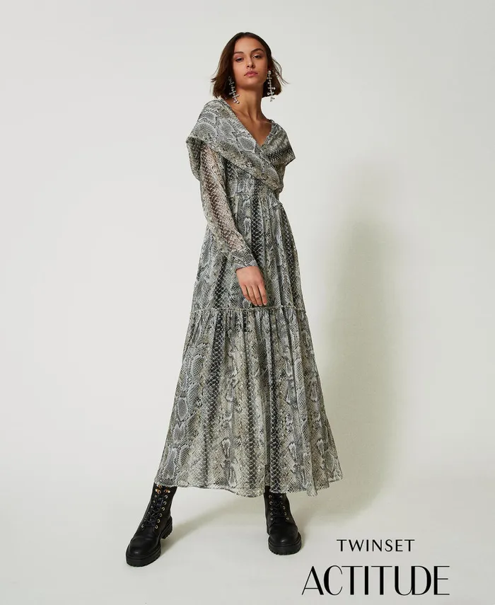 Twinset Long Creponne Dress With Snake Print Soft Snake Print Women Dresses