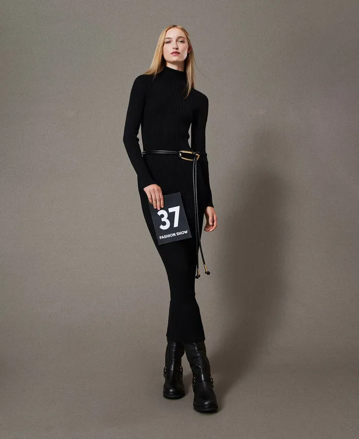 Twinset Long Knit Dress With CutOut Black Women Dresses