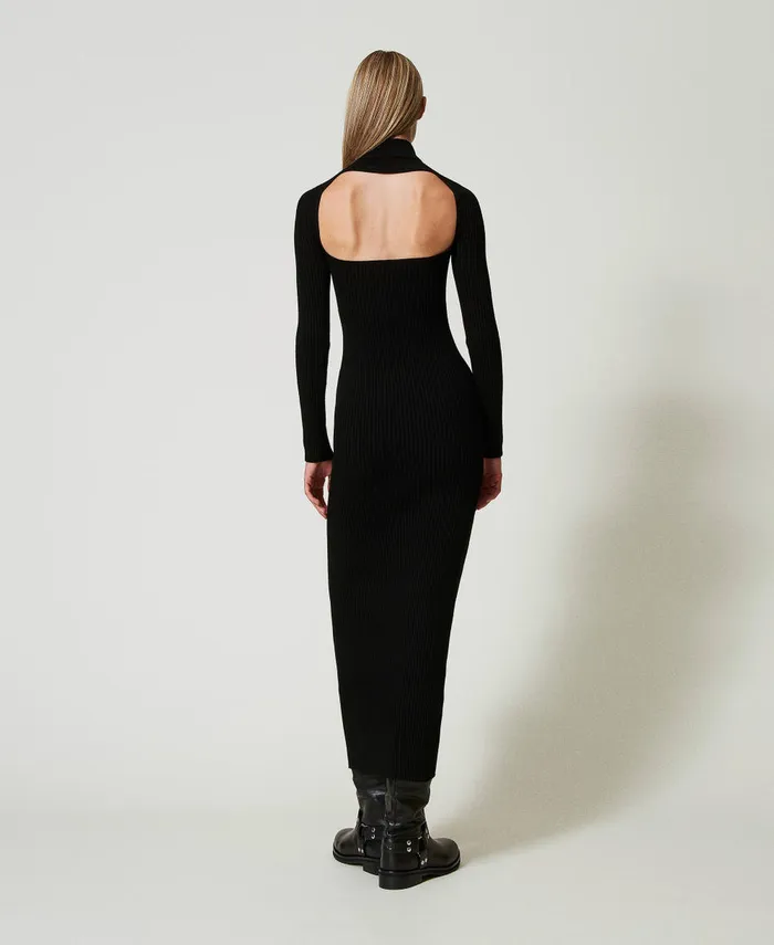Twinset Long Knit Dress With CutOut Black Women Dresses Twinset Long Knit Dress With CutOut Black Women Dresses