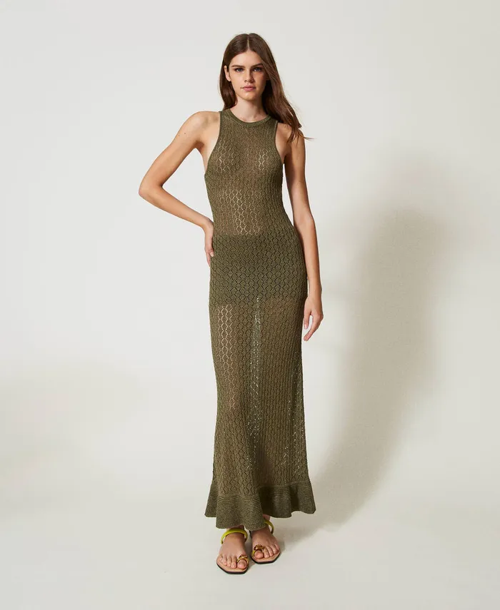 Twinset Long Lurex Knit Mesh Dress Olive Leaf Women Dresses