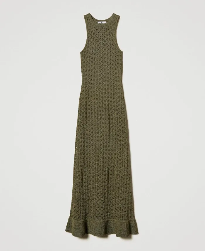 Twinset Long Lurex Knit Mesh Dress Olive Leaf Women Dresses Twinset Long Lurex Knit Mesh Dress Olive Leaf Women Dresses