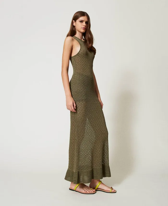 Twinset Long Lurex Knit Mesh Dress Olive Leaf Women Dresses Twinset Long Lurex Knit Mesh Dress Olive Leaf Women Dresses
