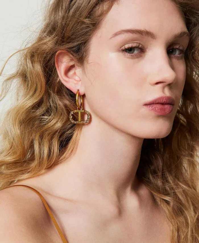 Twinset Loop Earrings With Floral Oval T Light Brass Women Jewellery Twinset Loop Earrings With Floral Oval T Light Brass Women Jewellery