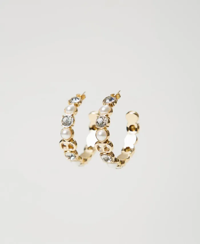 Twinset Loop Earrings With Pearls And Rhinestones New Gold Women Jewellery