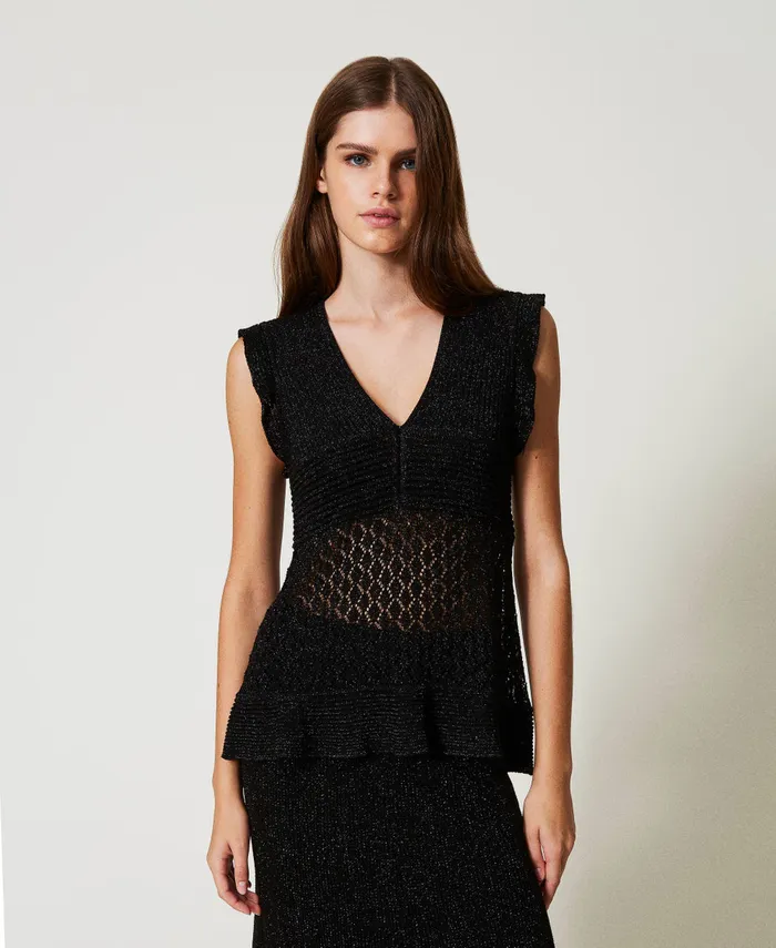 Twinset Lurex Top With Ruffles Black Women TShirts And Tops