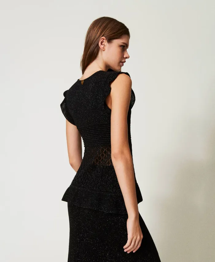 Twinset Lurex Top With Ruffles Black Women TShirts And Tops Twinset Lurex Top With Ruffles Black Women TShirts And Tops