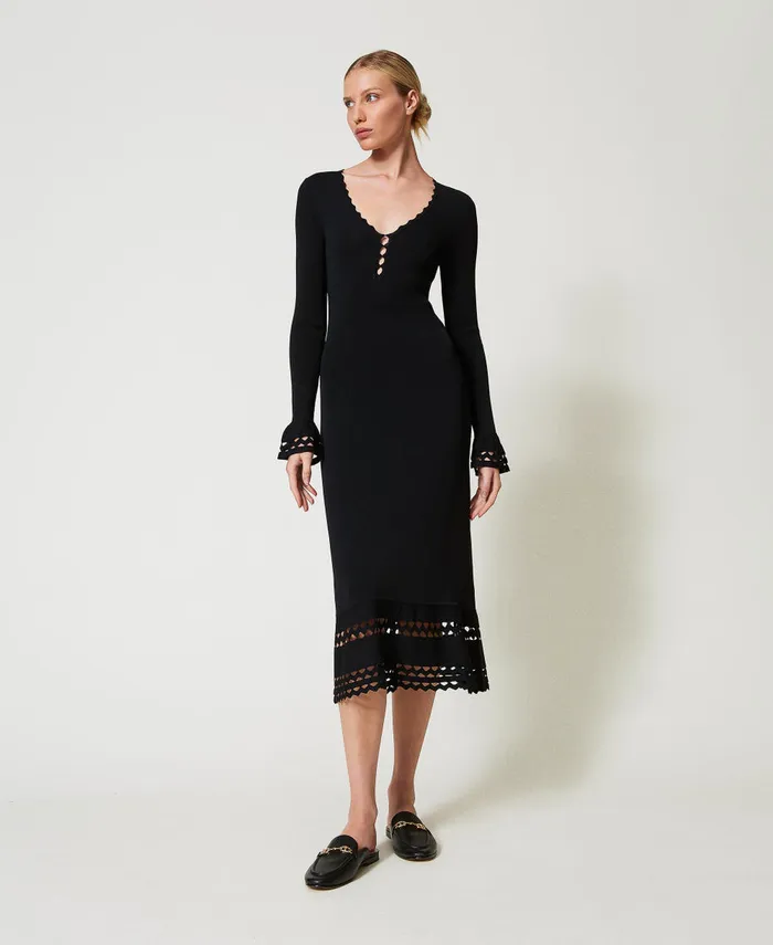 Twinset Midi Knit Dress With Geometric Pattern Black Women Dresses