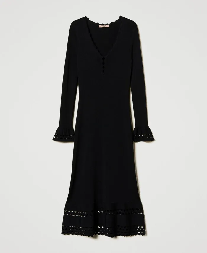 Twinset Midi Knit Dress With Geometric Pattern Black Women Dresses Twinset Midi Knit Dress With Geometric Pattern Black Women Dresses