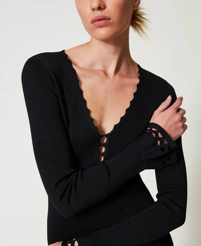 Twinset Midi Knit Dress With Geometric Pattern Black Women Dresses Twinset Midi Knit Dress With Geometric Pattern Black Women Dresses