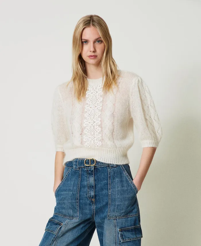 Twinset Mohair And Wool Jumper With Lace White Snow Women Jumpers And Cardigans