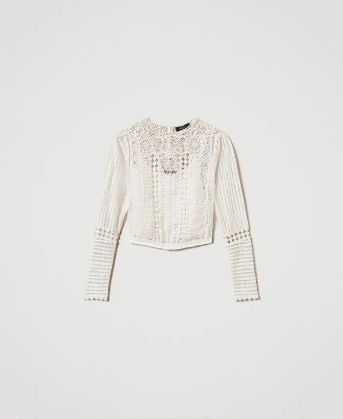 Twinset Muslin Blouse With Lace And Embroideries White Snow Women Blouses And Shirts Twinset Muslin Blouse With Lace And Embroideries White Snow Women Blouses And Shirts