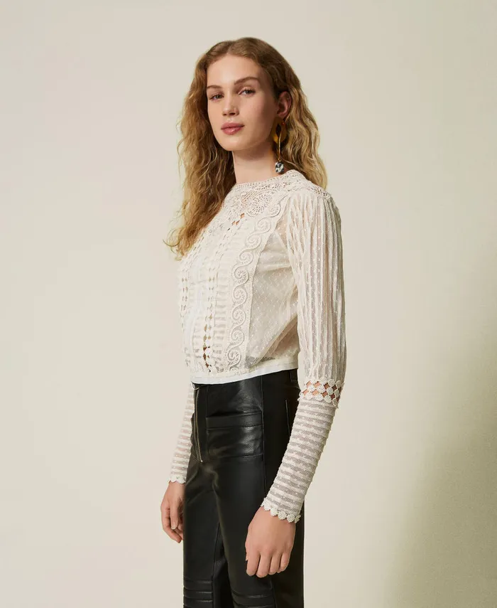 Twinset Muslin Blouse With Lace And Embroideries White Snow Women Blouses And Shirts Twinset Muslin Blouse With Lace And Embroideries White Snow Women Blouses And Shirts
