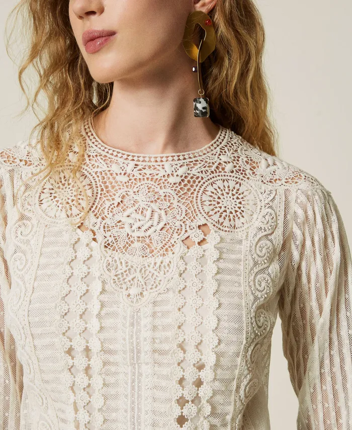 Twinset Muslin Blouse With Lace And Embroideries White Snow Women Blouses And Shirts Twinset Muslin Blouse With Lace And Embroideries White Snow Women Blouses And Shirts