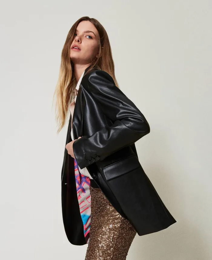Twinset Myfo LeatherLike Blazer Black Women Jackets And Outerwear Twinset Myfo LeatherLike Blazer Black Women Jackets And Outerwear