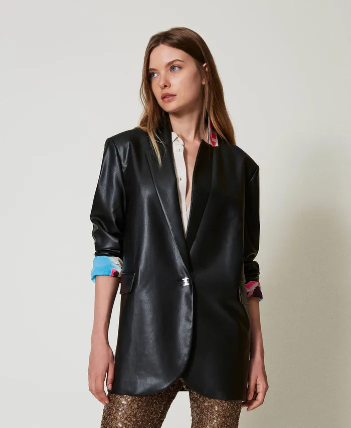 Twinset Myfo LeatherLike Blazer Black Women Jackets And Outerwear Twinset Myfo LeatherLike Blazer Black Women Jackets And Outerwear