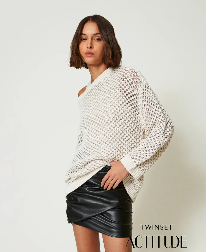 Twinset Myfo Oversize Mesh Jumper With Lurex Twotone Snow White Platinum Women Jumpers And Cardigans Twinset Myfo Oversize Mesh Jumper With Lurex Twotone Snow White Platinum Women Jumpers And Cardigans