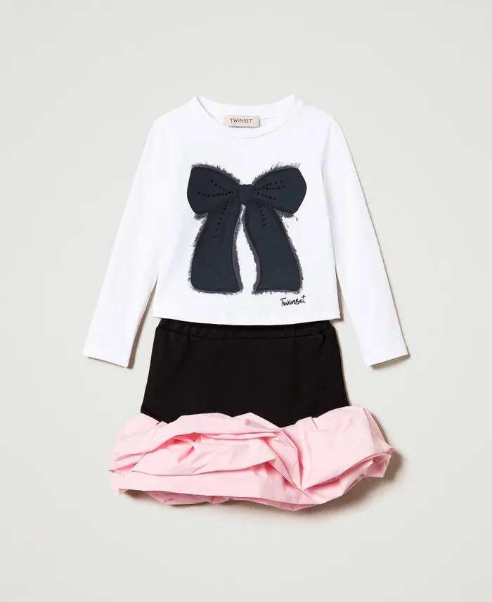 Twinset Printed TShirt And Skirt With Flounces Twotone Black Pink Orchid Girl Dresses