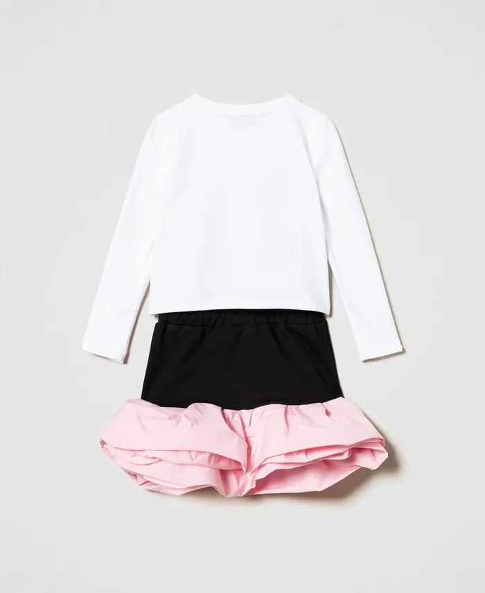 Twinset Printed TShirt And Skirt With Flounces Twotone Black Pink Orchid Girl Dresses Twinset Printed TShirt And Skirt With Flounces Twotone Black Pink Orchid Girl Dresses
