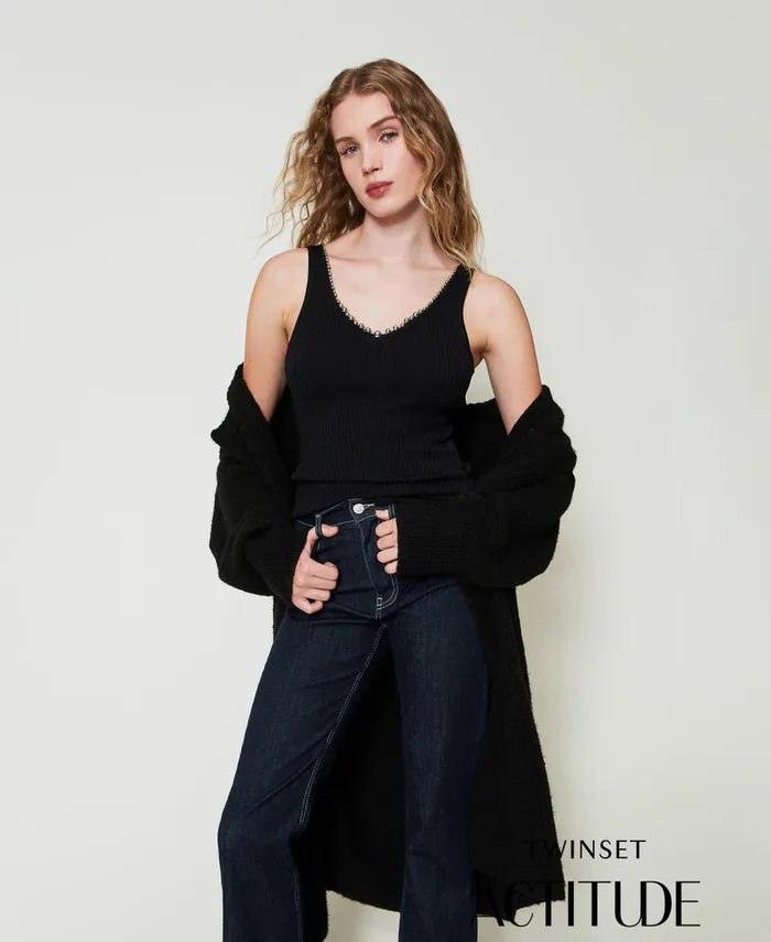 Twinset Ribbed Knit Top With Beads Black Women TShirts And Tops