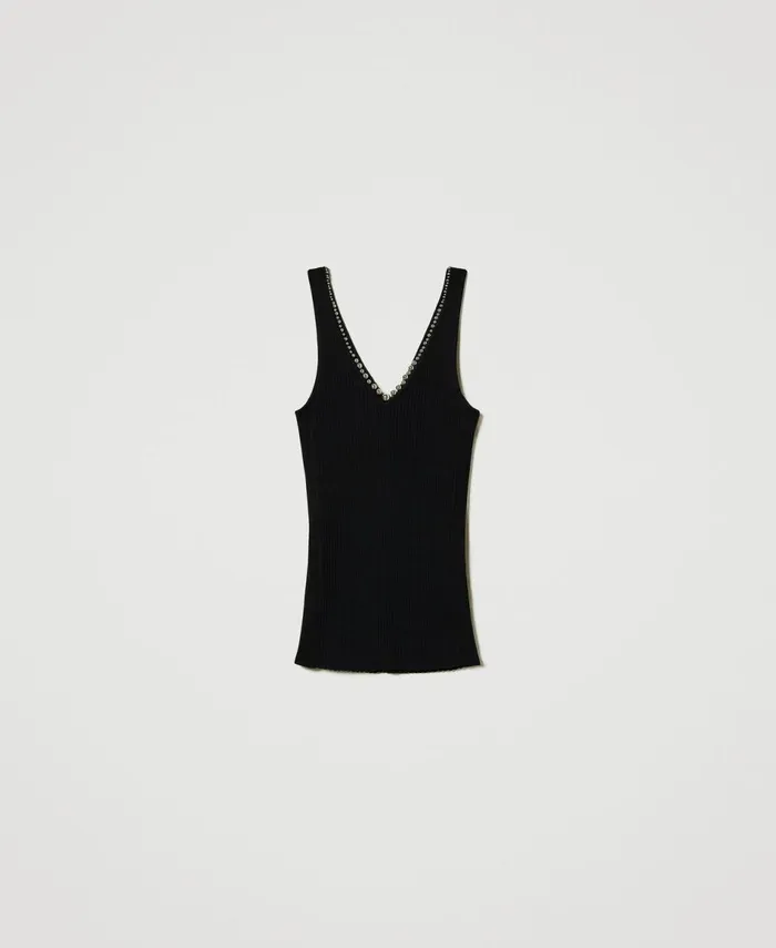 Twinset Ribbed Knit Top With Beads Black Women TShirts And Tops