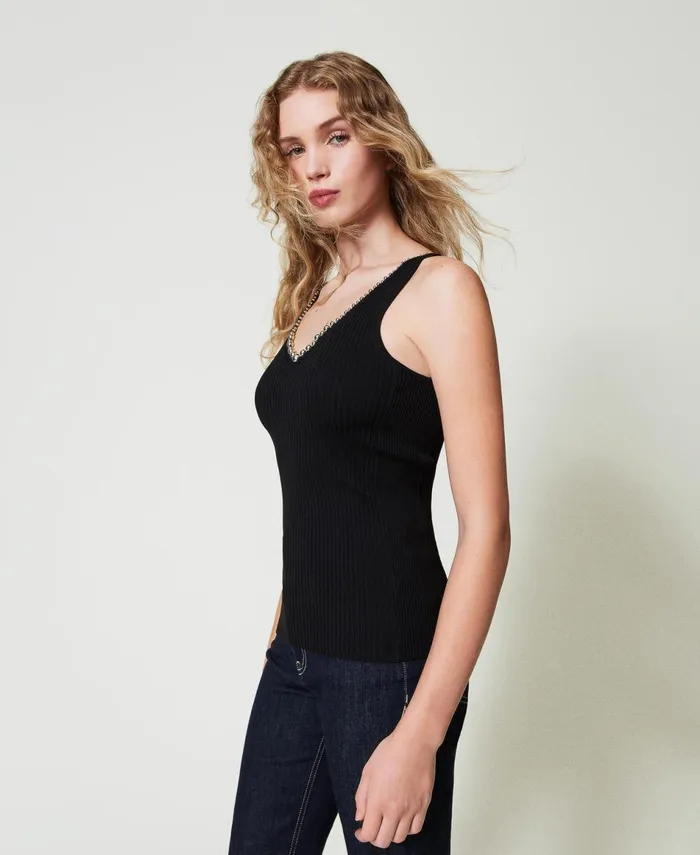 Twinset Ribbed Knit Top With Beads Black Women TShirts And Tops