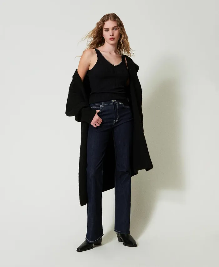 Twinset Ribbed Knit Top With Beads Black Women TShirts And Tops