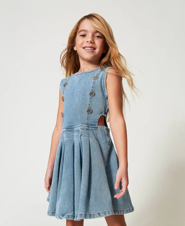 Twinset Short Denim Dress With Logo Buttons Light Denim Girl Dresses