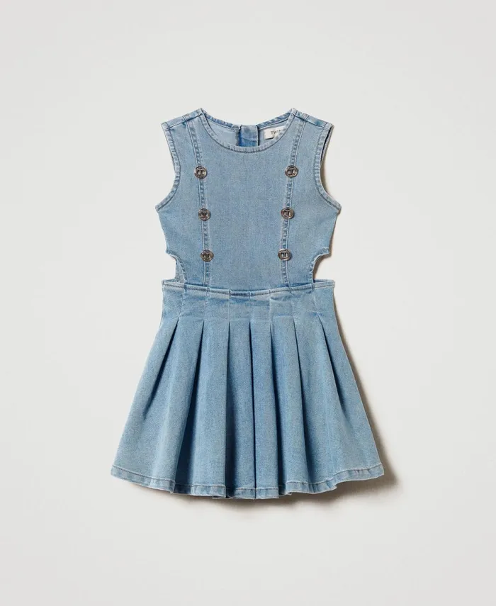 Twinset Short Denim Dress With Logo Buttons Light Denim Girl Dresses Twinset Short Denim Dress With Logo Buttons Light Denim Girl Dresses