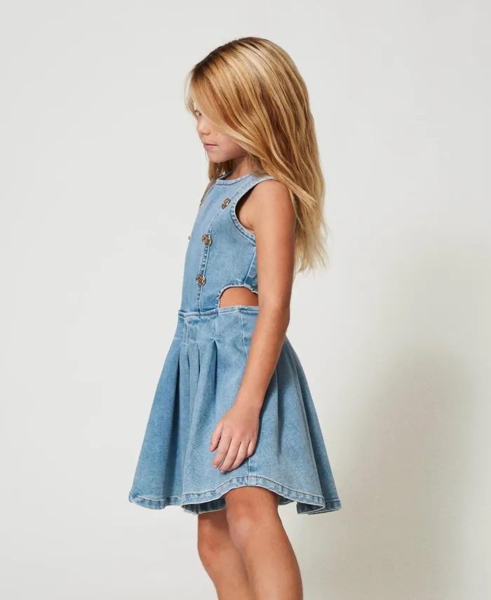 Twinset Short Denim Dress With Logo Buttons Light Denim Girl Dresses Twinset Short Denim Dress With Logo Buttons Light Denim Girl Dresses