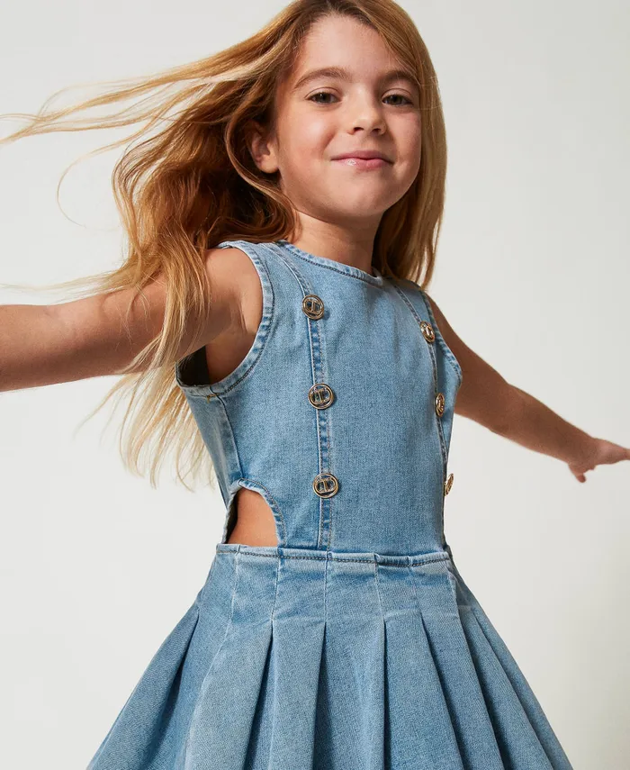 Twinset Short Denim Dress With Logo Buttons Light Denim Girl Dresses Twinset Short Denim Dress With Logo Buttons Light Denim Girl Dresses