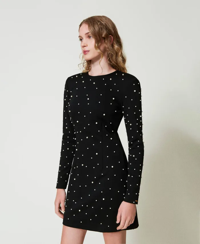 Twinset Short Dress With Pearls Black Women Dresses