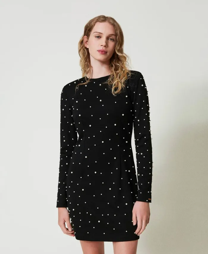 Twinset Short Dress With Pearls Black Women Dresses Twinset Short Dress With Pearls Black Women Dresses