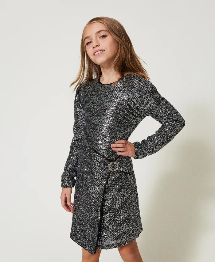 Twinset Short Full Sequin Dress Metallic Gunmetal Girl Dresses