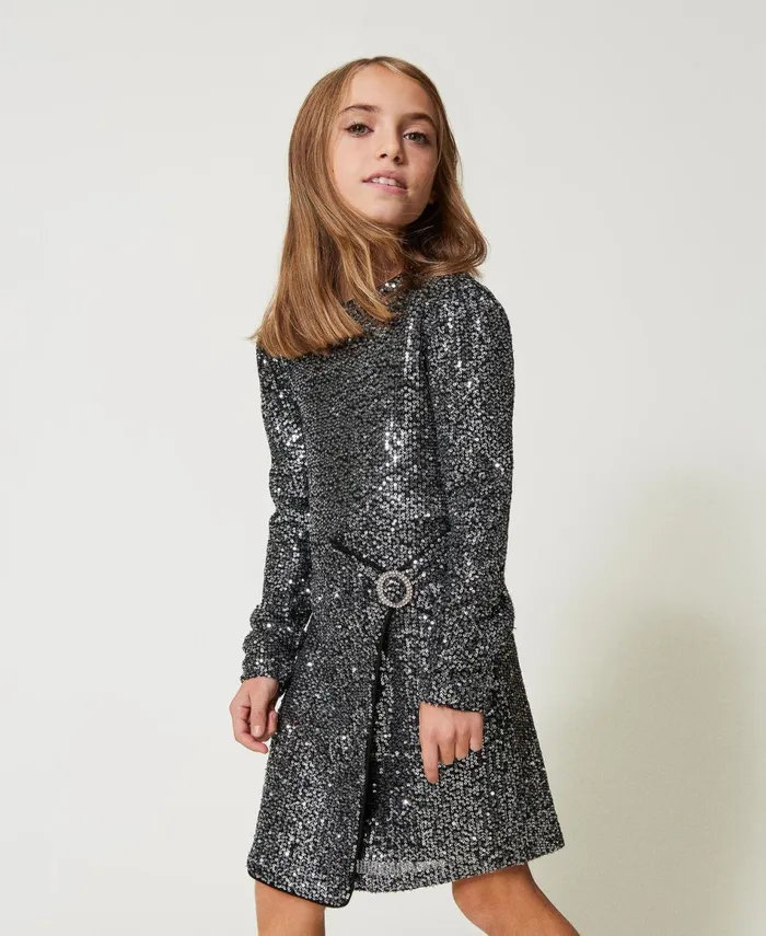 Twinset Short Full Sequin Dress Metallic Gunmetal Girl Dresses Twinset Short Full Sequin Dress Metallic Gunmetal Girl Dresses