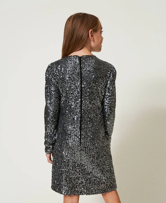 Twinset Short Full Sequin Dress Metallic Gunmetal Girl Dresses Twinset Short Full Sequin Dress Metallic Gunmetal Girl Dresses