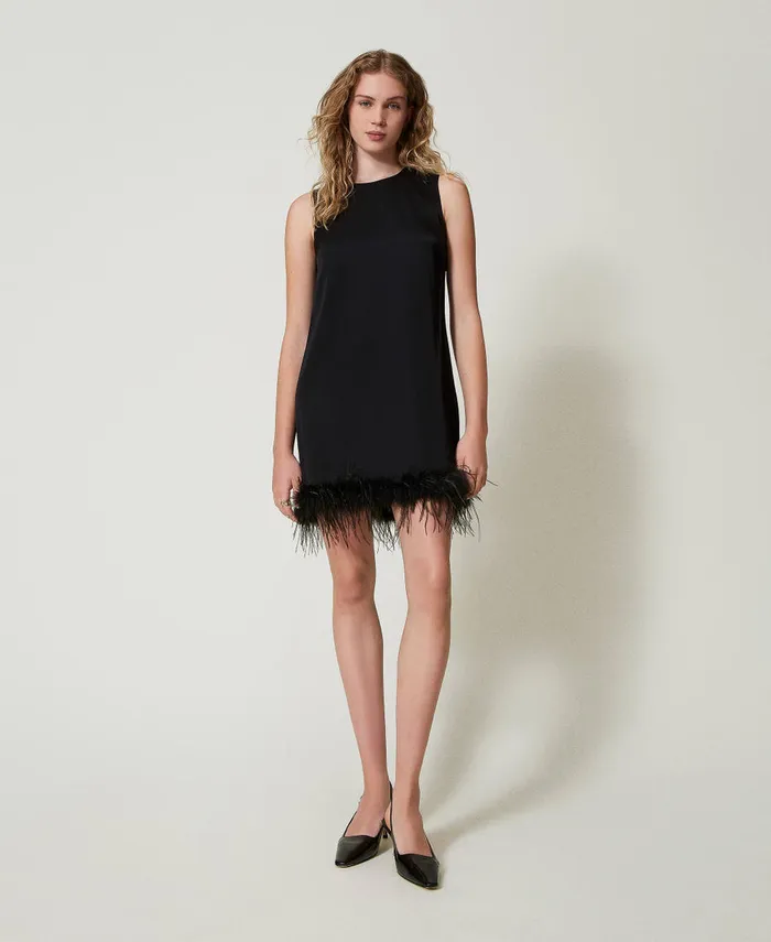 Twinset Short Satin Sleeveless Dress With Feathers Black Women Dresses