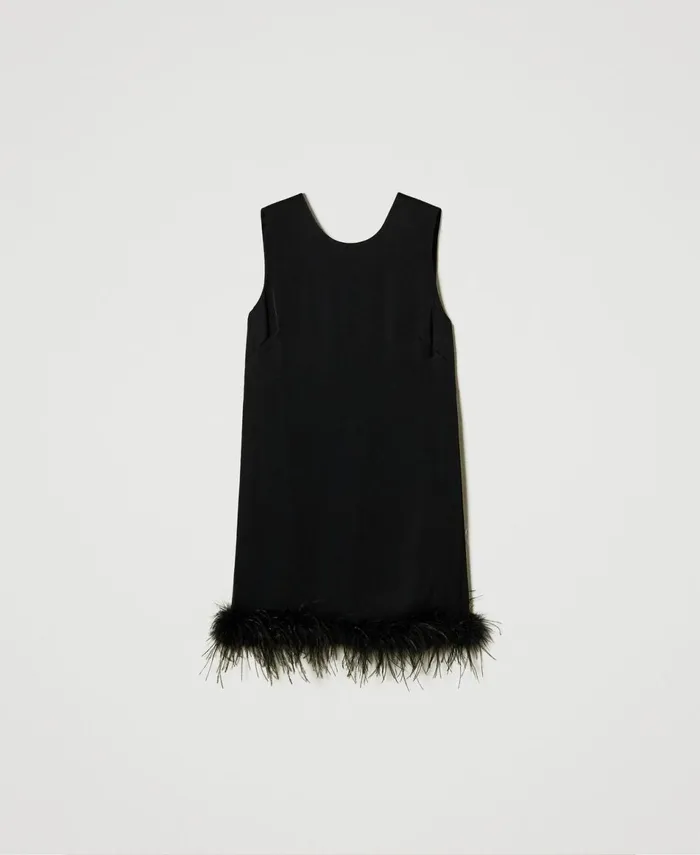 Twinset Short Satin Sleeveless Dress With Feathers Black Women Dresses Twinset Short Satin Sleeveless Dress With Feathers Black Women Dresses
