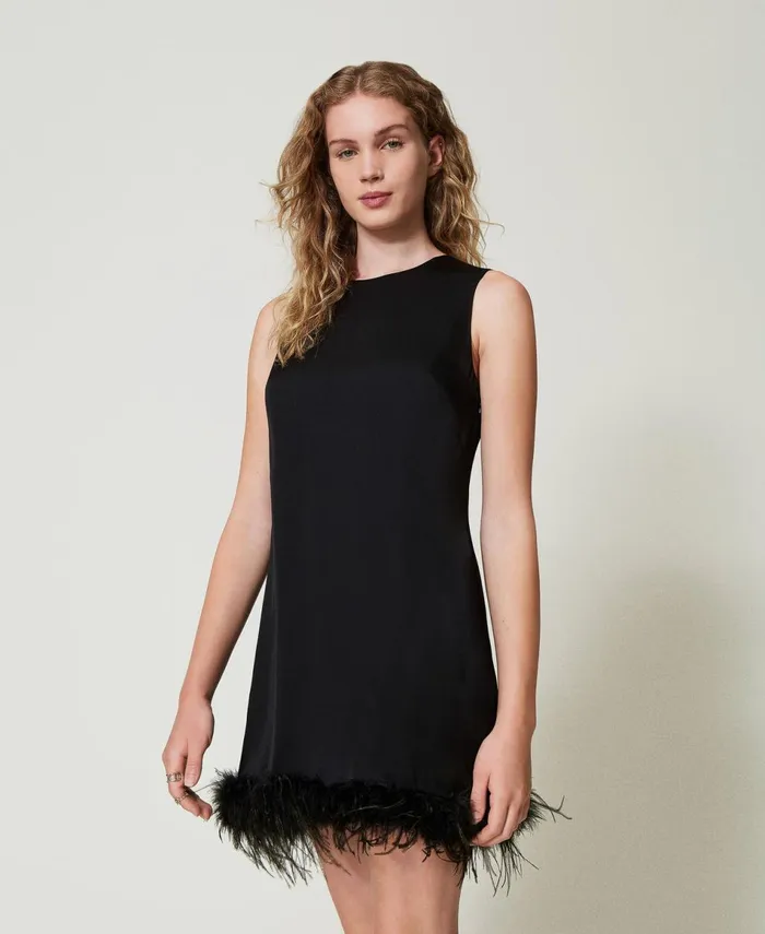 Twinset Short Satin Sleeveless Dress With Feathers Black Women Dresses Twinset Short Satin Sleeveless Dress With Feathers Black Women Dresses