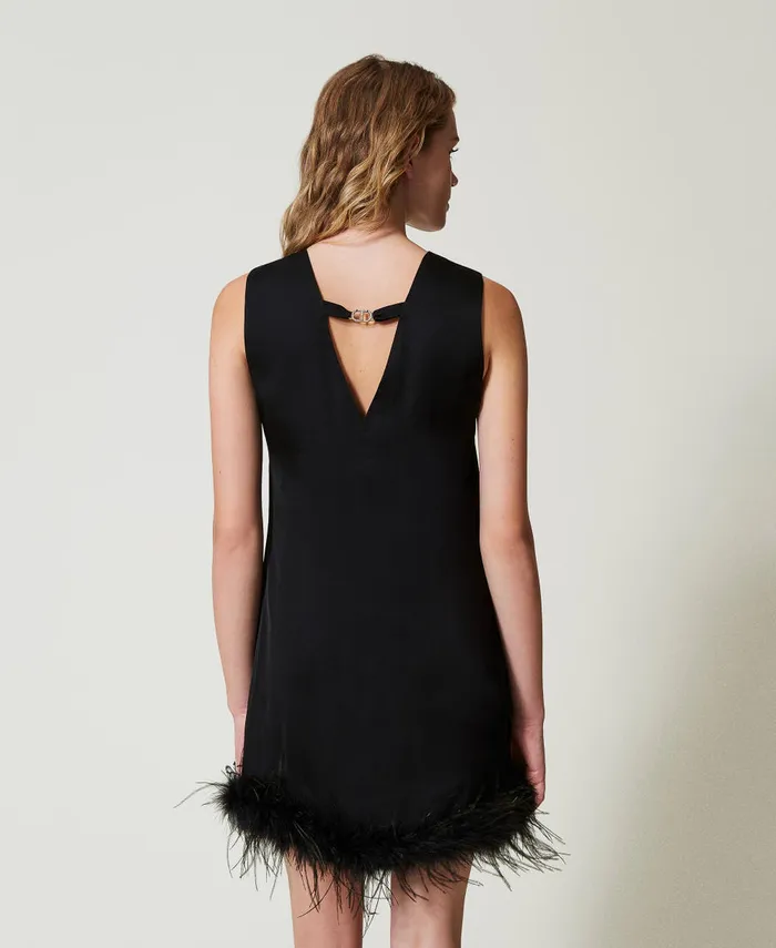 Twinset Short Satin Sleeveless Dress With Feathers Black Women Dresses Twinset Short Satin Sleeveless Dress With Feathers Black Women Dresses